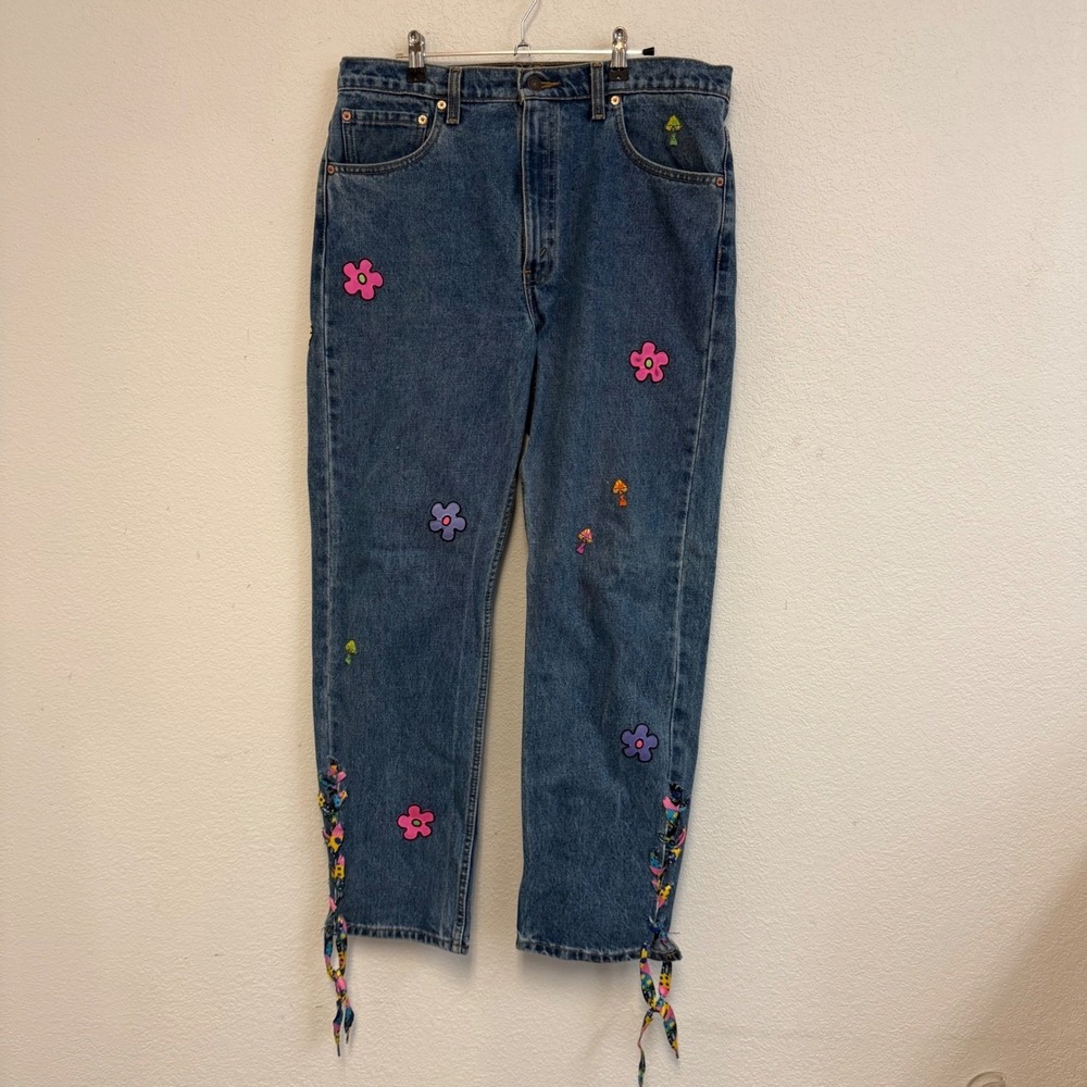 Vintage‎ Levi's 505 W36 L30 Custom Upcycled Jeans Floral Butterfly Lace-Up Boho